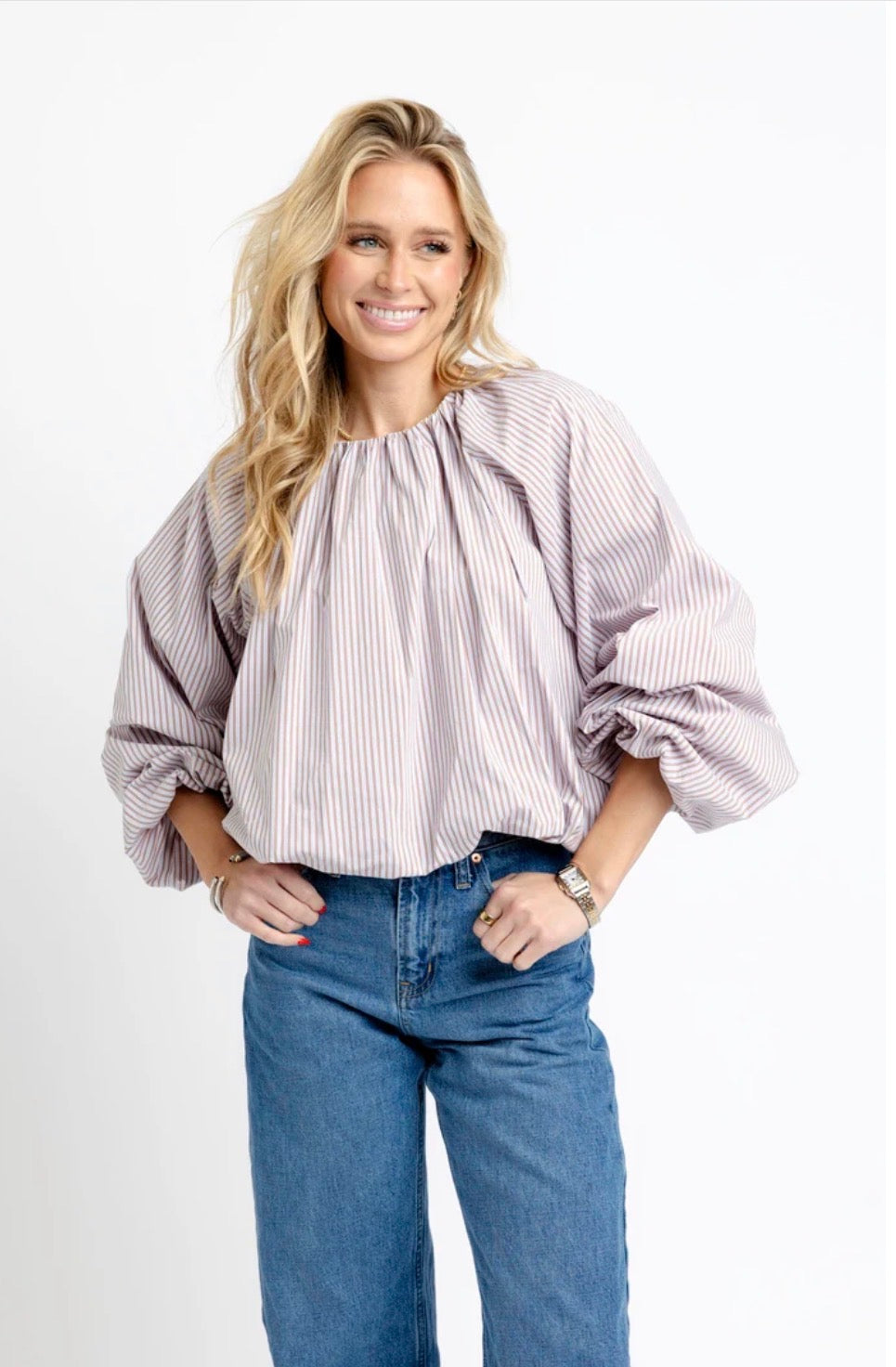 STRIPE BUBBLE POPLIN TOP