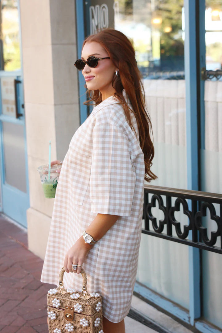 KHAKI CHECK DENIM POCKET DRESS