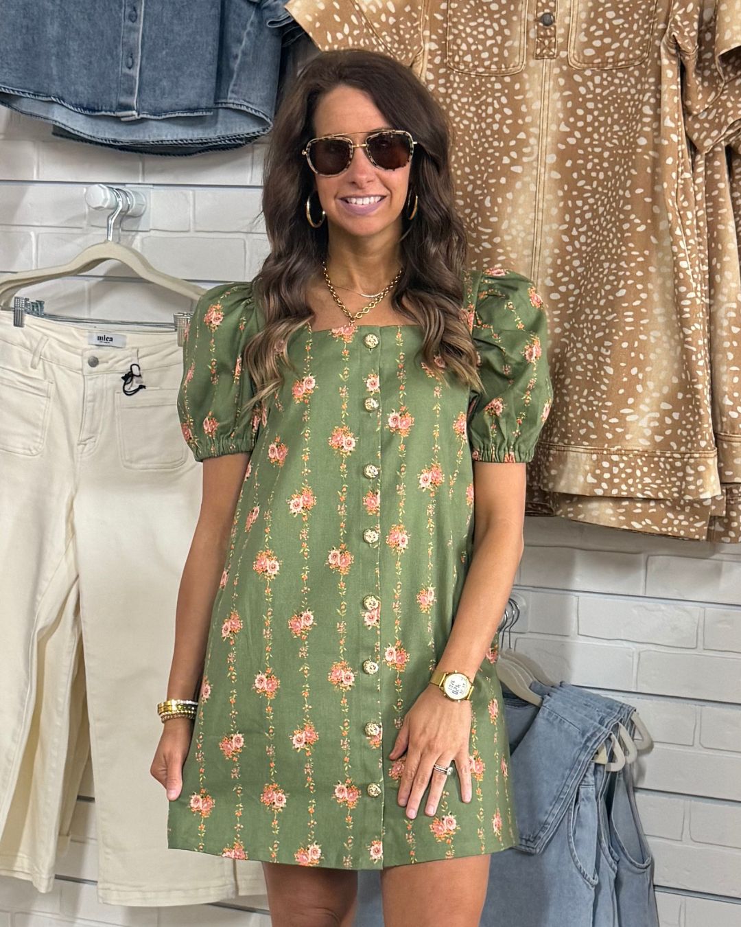 OLIVE FLORAL SQUARE NECK DRESS