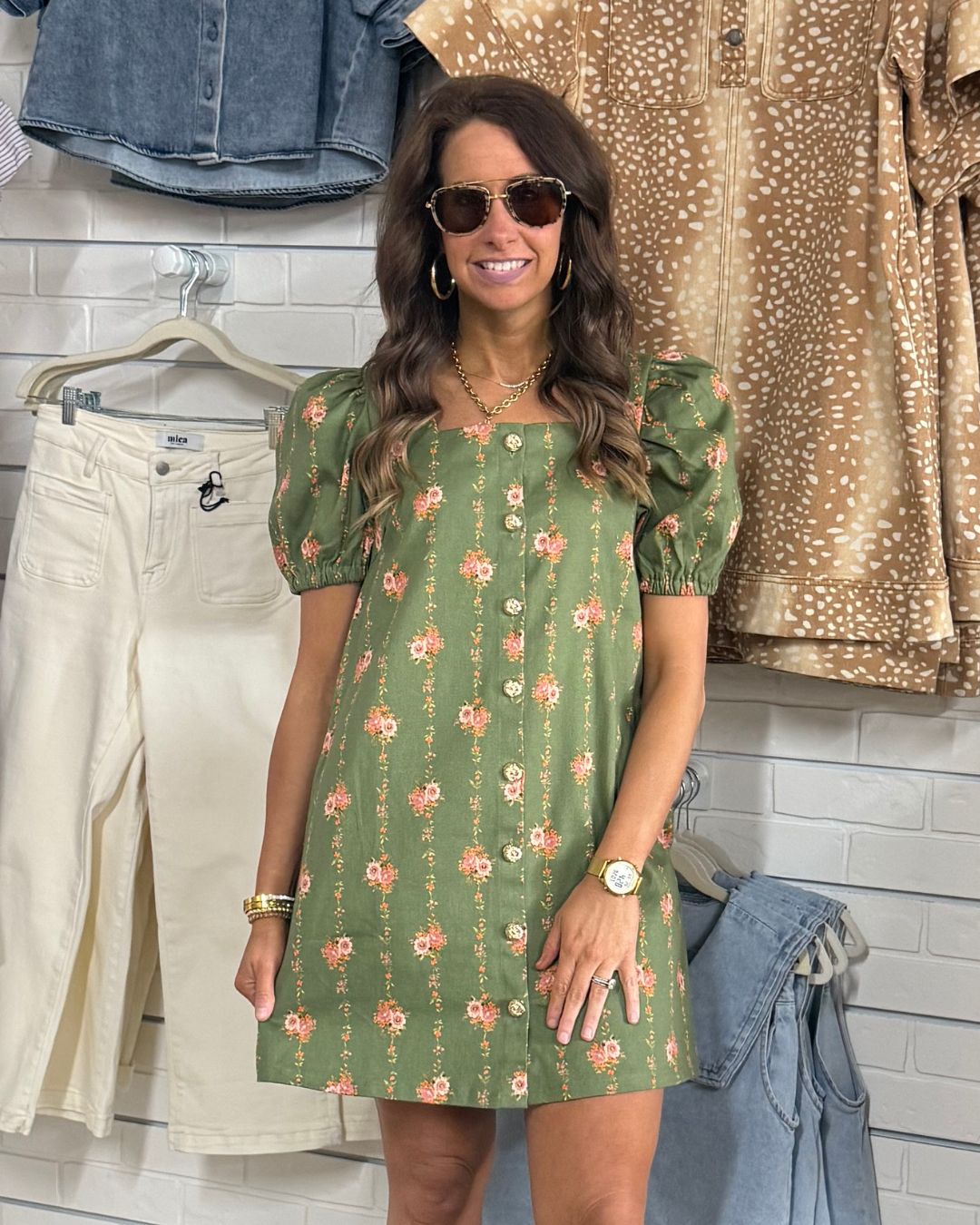 OLIVE FLORAL SQUARE NECK DRESS