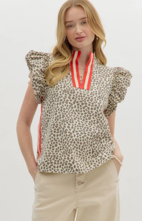 LEOPARD RED STRIPE FLUTTER SLV TOP