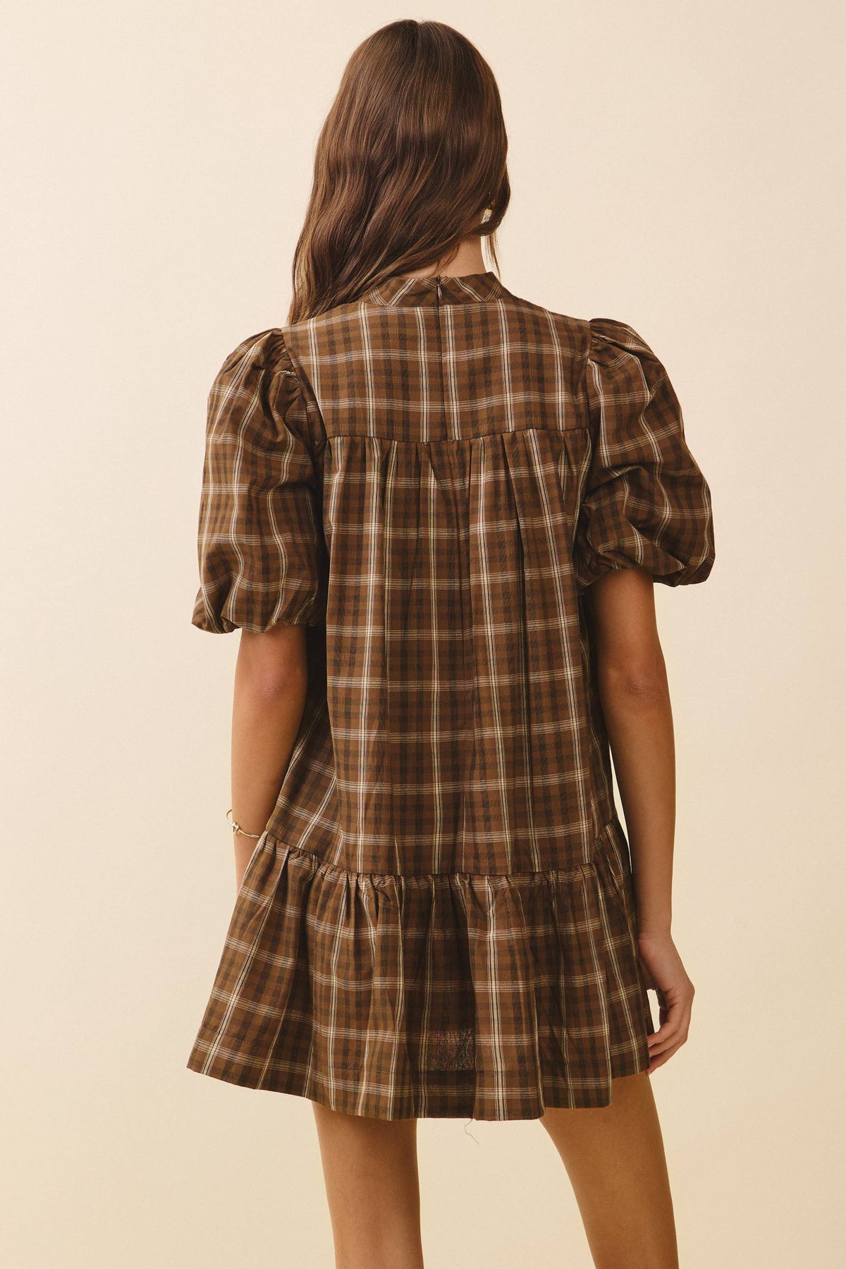 BROWN RUFFLE PLAID DRESS