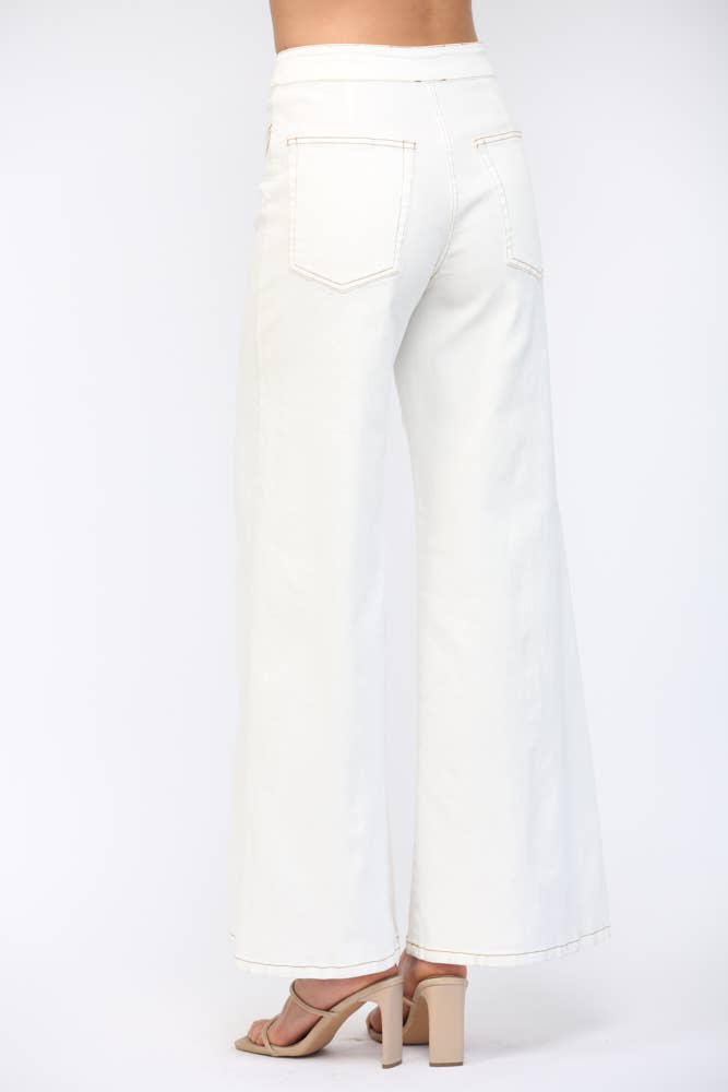 CREAM TOPSTITCHING HIGH-WAISTED FLARE DENIN