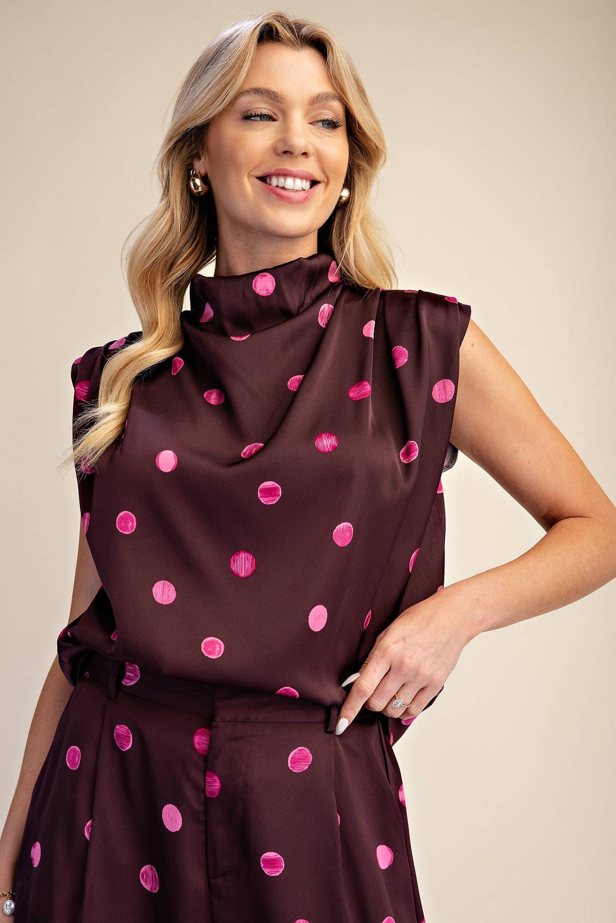 PLUM COWL NECK POLKA DOT TOP