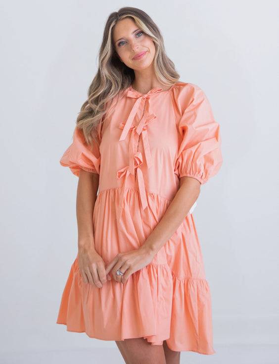 CORAL BOW POPLIN DRESS-FINAL SALE
