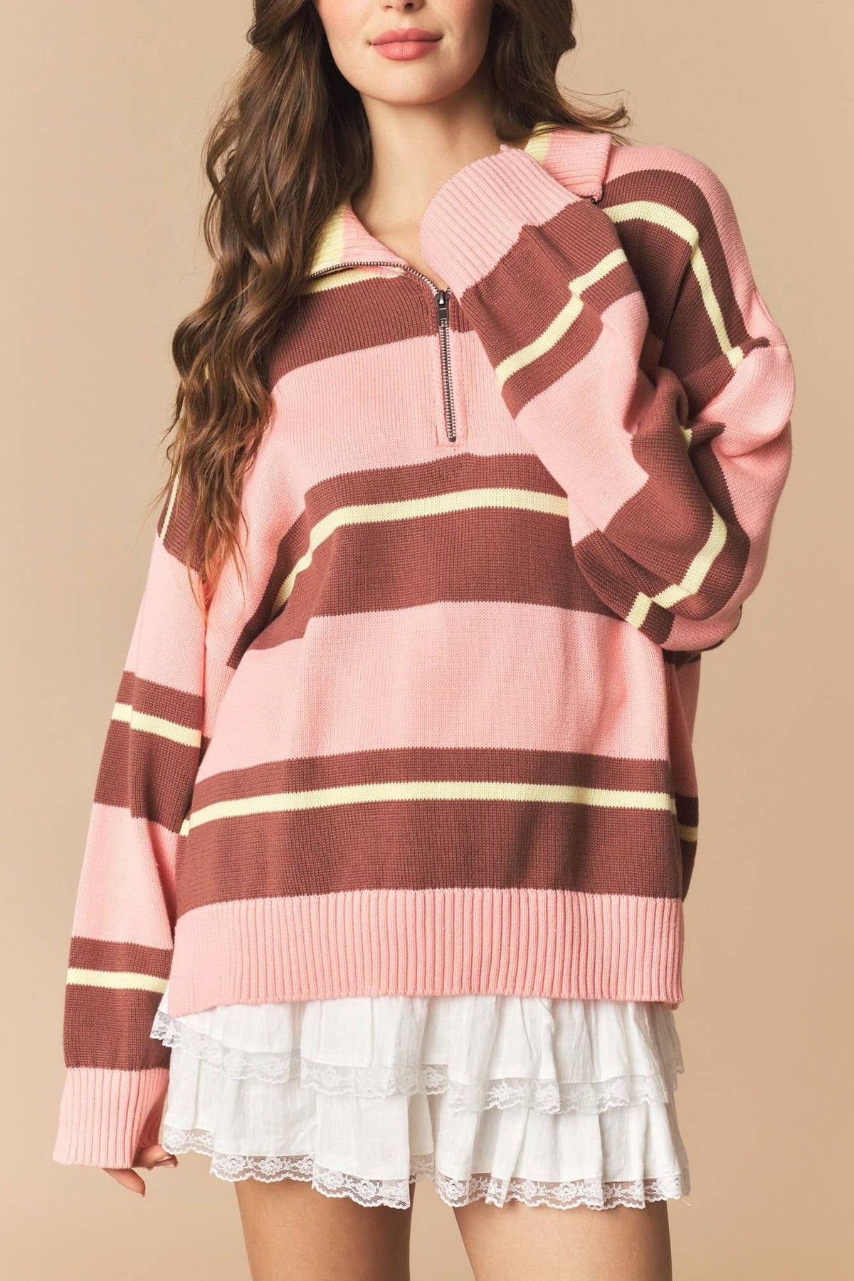 PINK STRIPE COLAR KINT SWEATER