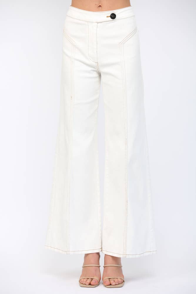 CREAM TOPSTITCHING HIGH-WAISTED FLARE DENIN