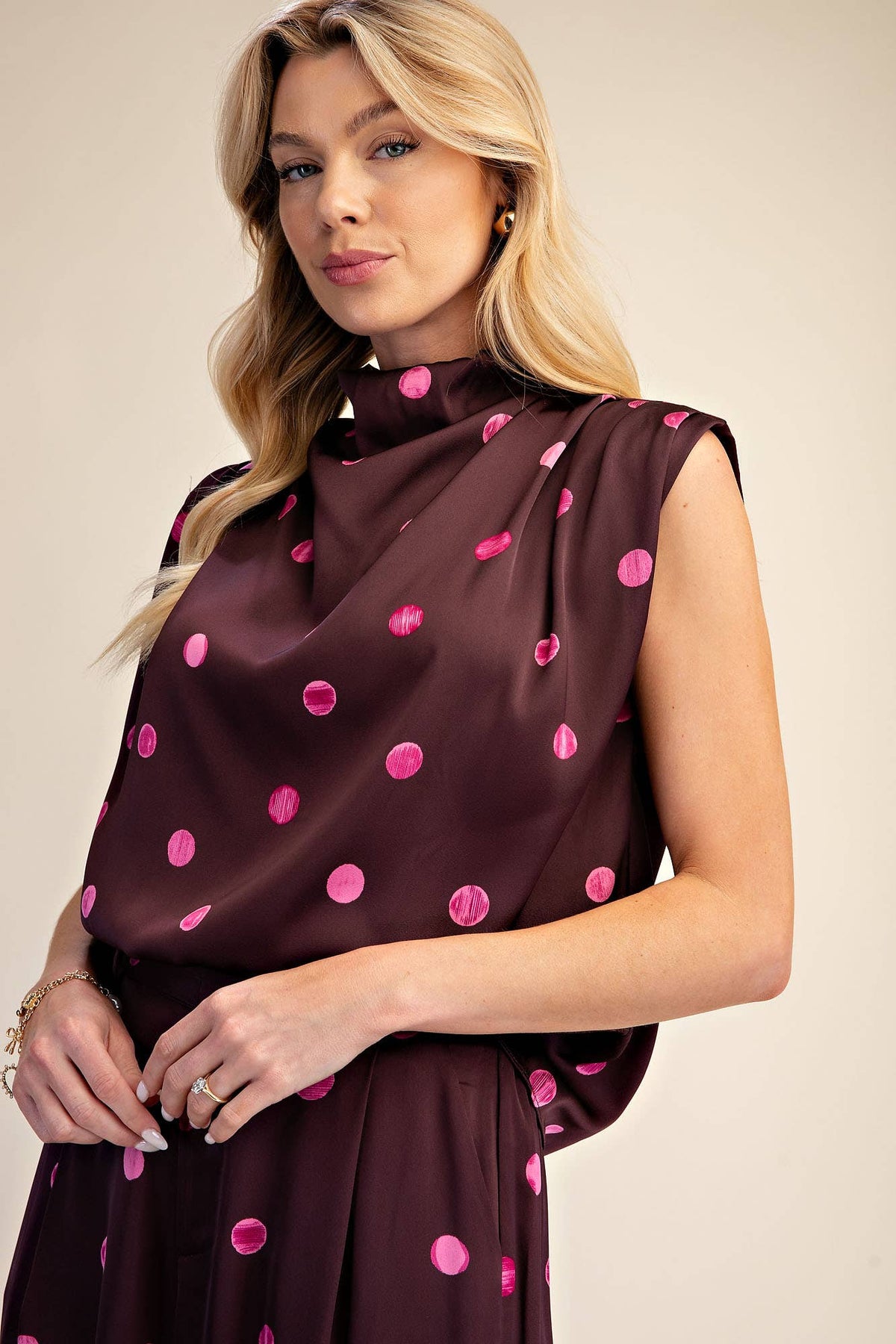 PLUM COWL NECK POLKA DOT TOP