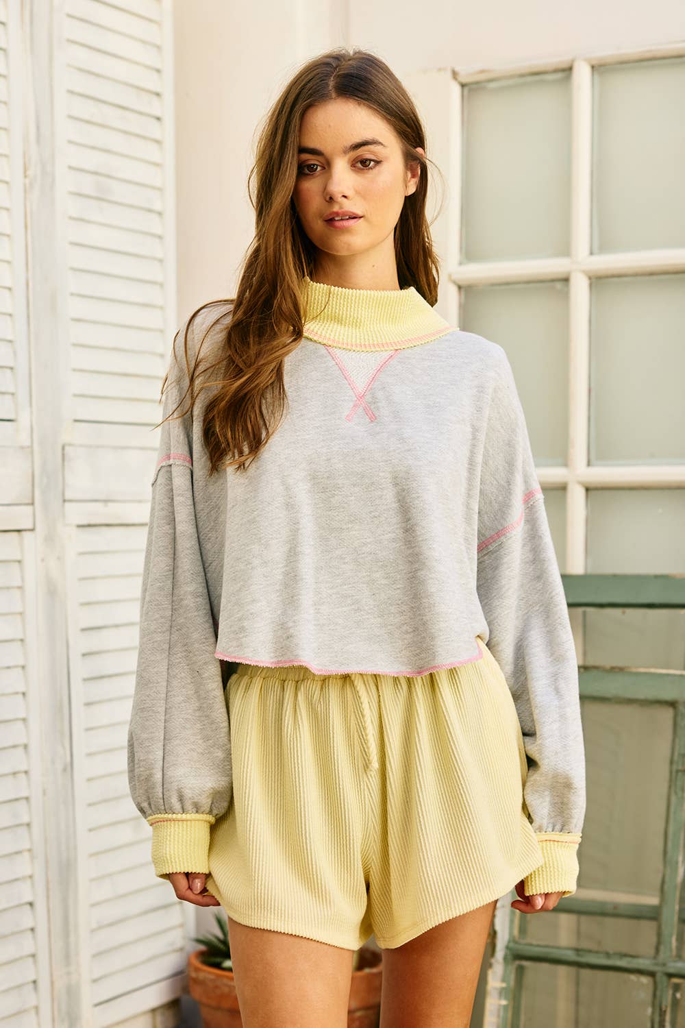 YELLOW RIBBED CAPE SWEATSHIRT