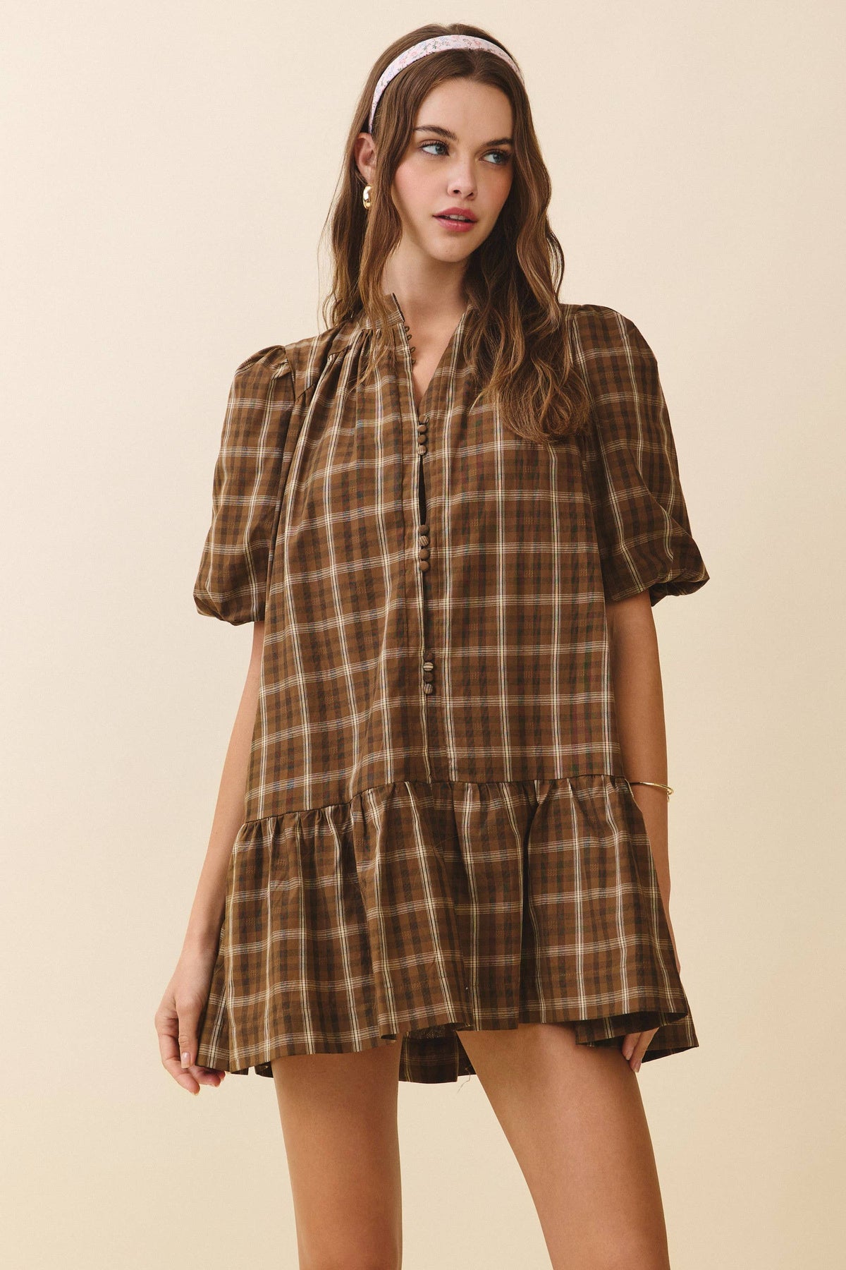 BROWN RUFFLE PLAID DRESS