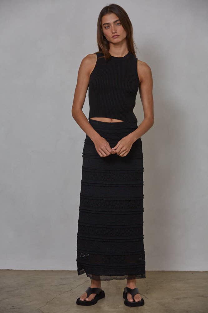 BLACK WOVEN LACE MIDI SKIRT