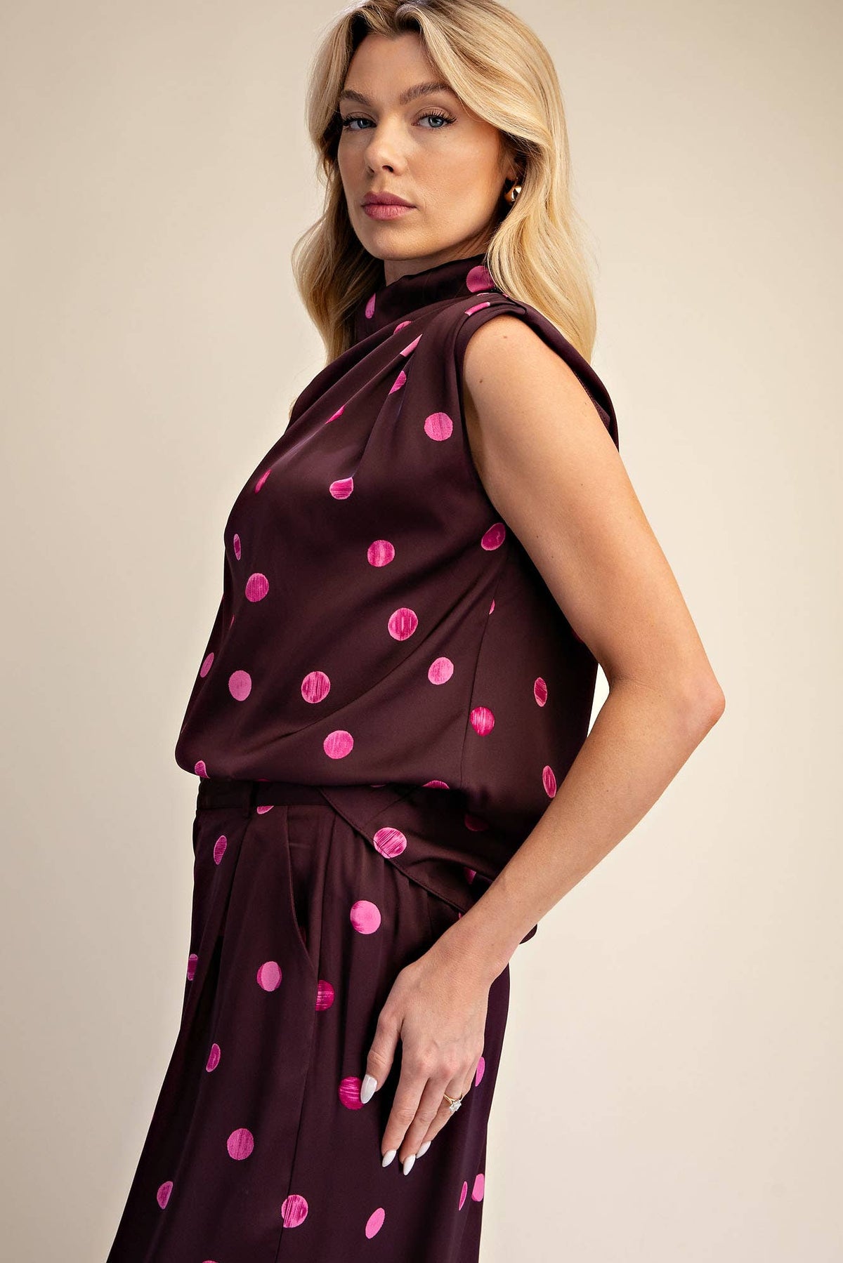 PLUM COWL NECK POLKA DOT TOP