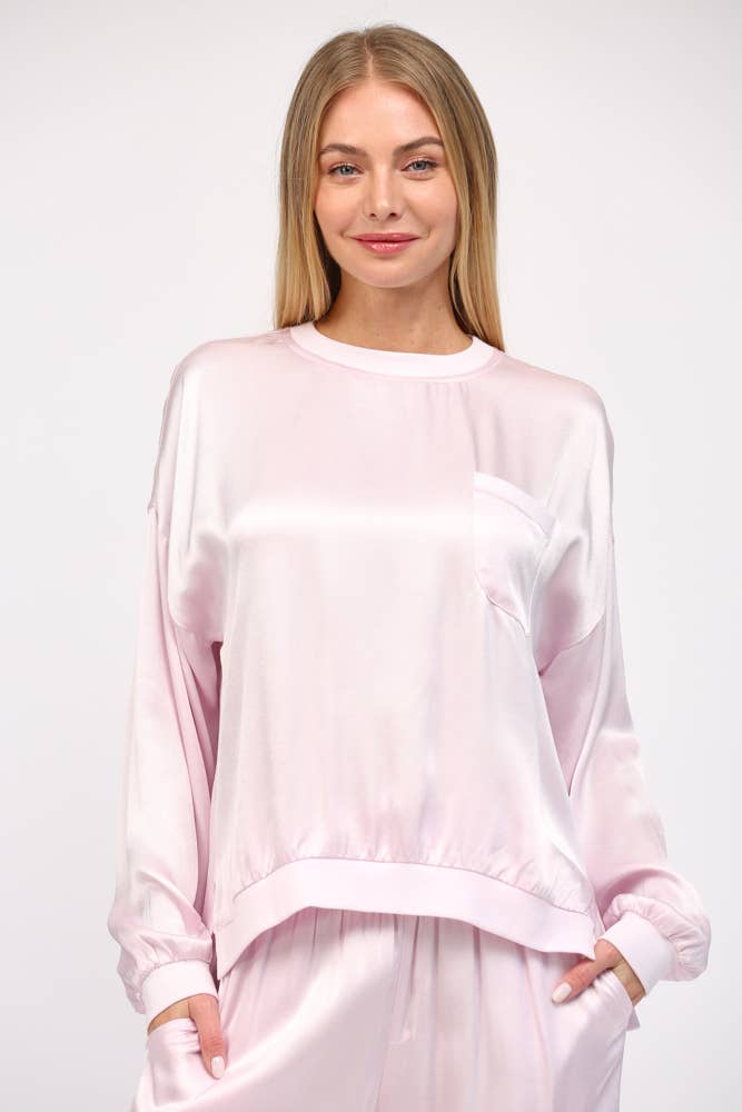 PINK SATIN RIBBED HEM TOP