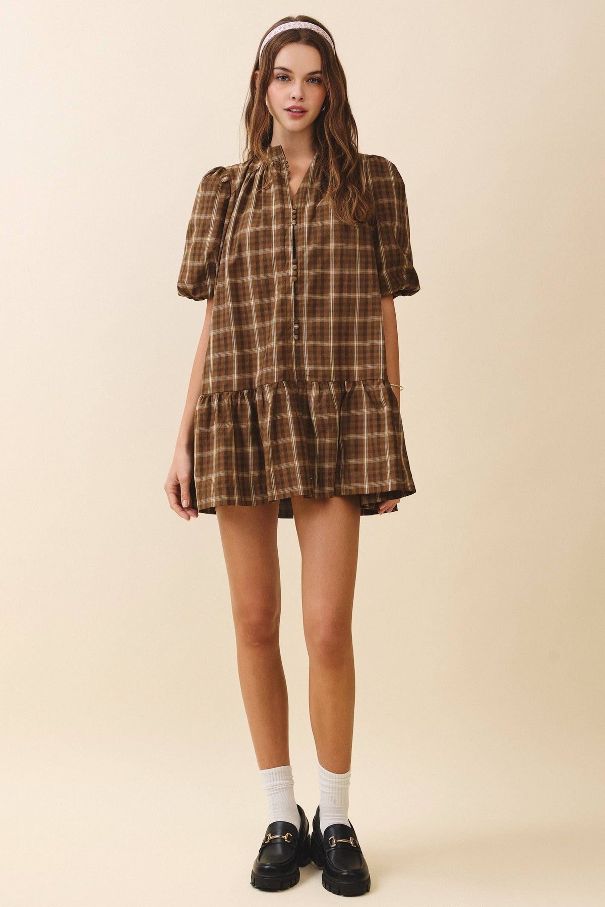 BROWN RUFFLE PLAID DRESS