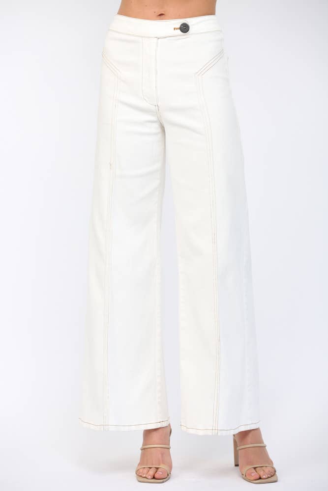 CREAM TOPSTITCHING HIGH-WAISTED FLARE DENIN