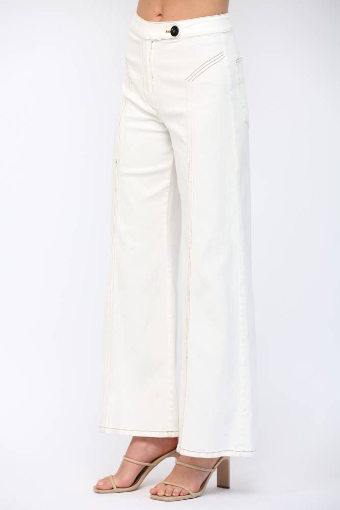 CREAM TOPSTITCHING HIGH-WAISTED FLARE DENIN