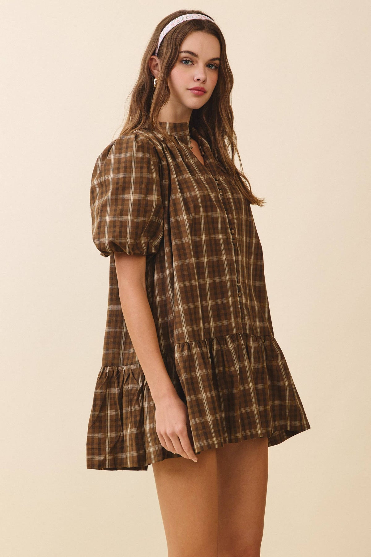 BROWN RUFFLE PLAID DRESS