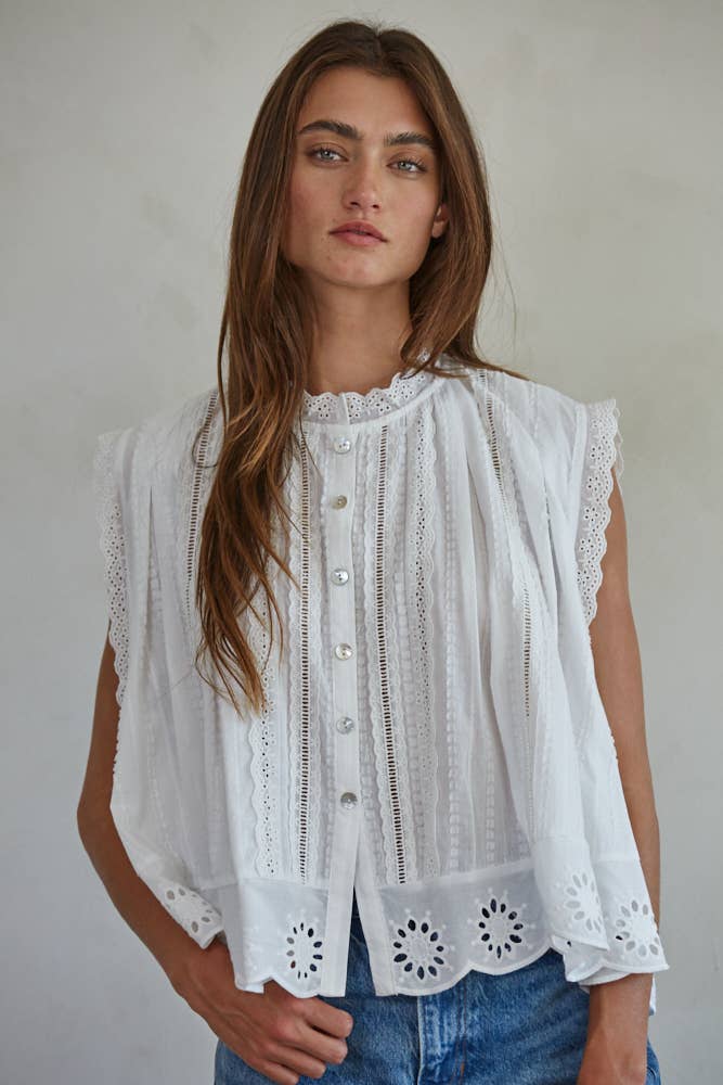 WHITE EYELET BUTTONDOWN SLEEVELESS TOP