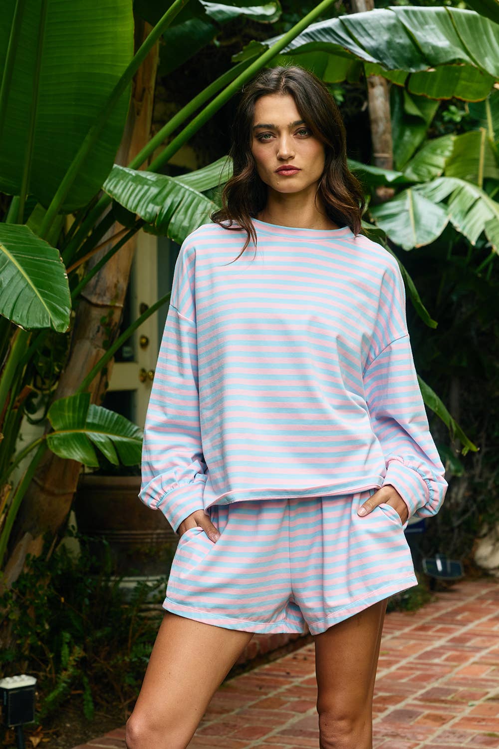 OVERSIZED PINK BLUE STRIPE CROP SHIRT