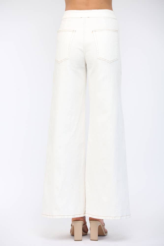 CREAM TOPSTITCHING HIGH-WAISTED FLARE DENIN