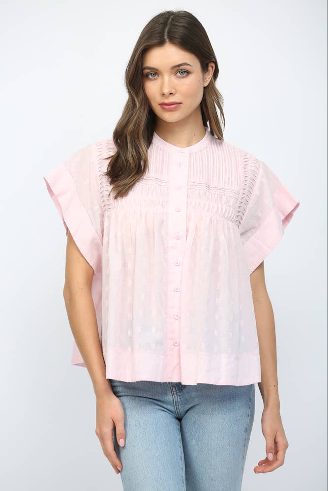 BLUSH RUFFLED BUTTON UP TOP
