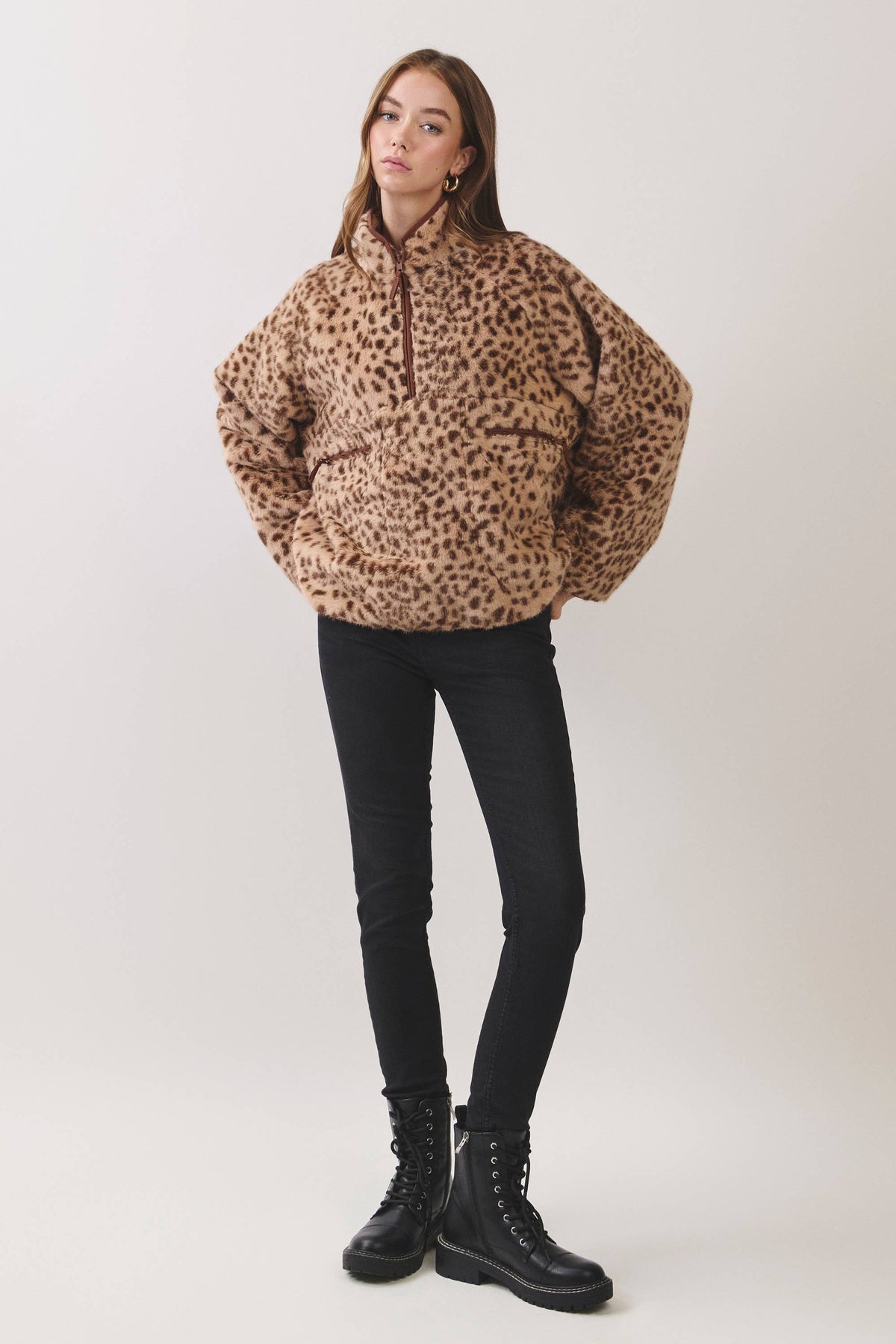 BROWN LEOPARD FAUX FUR PULOVER JACKET
