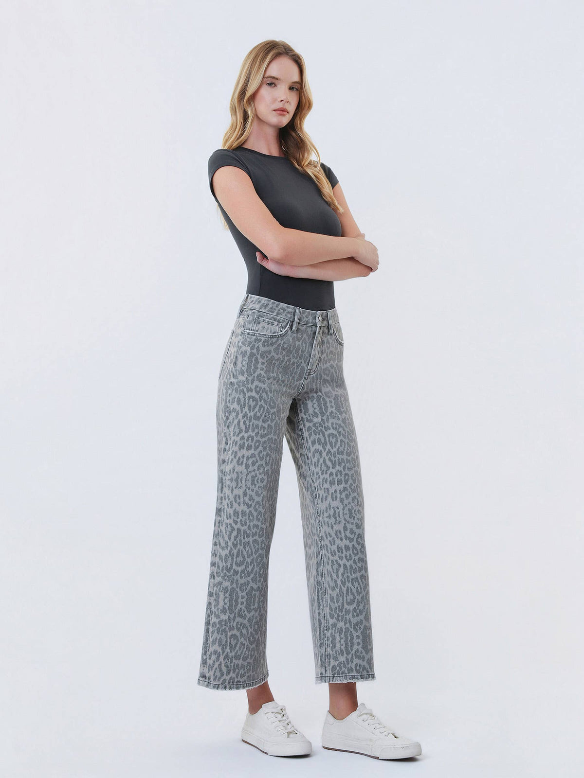 GREY LEOPARD CROP DENIM