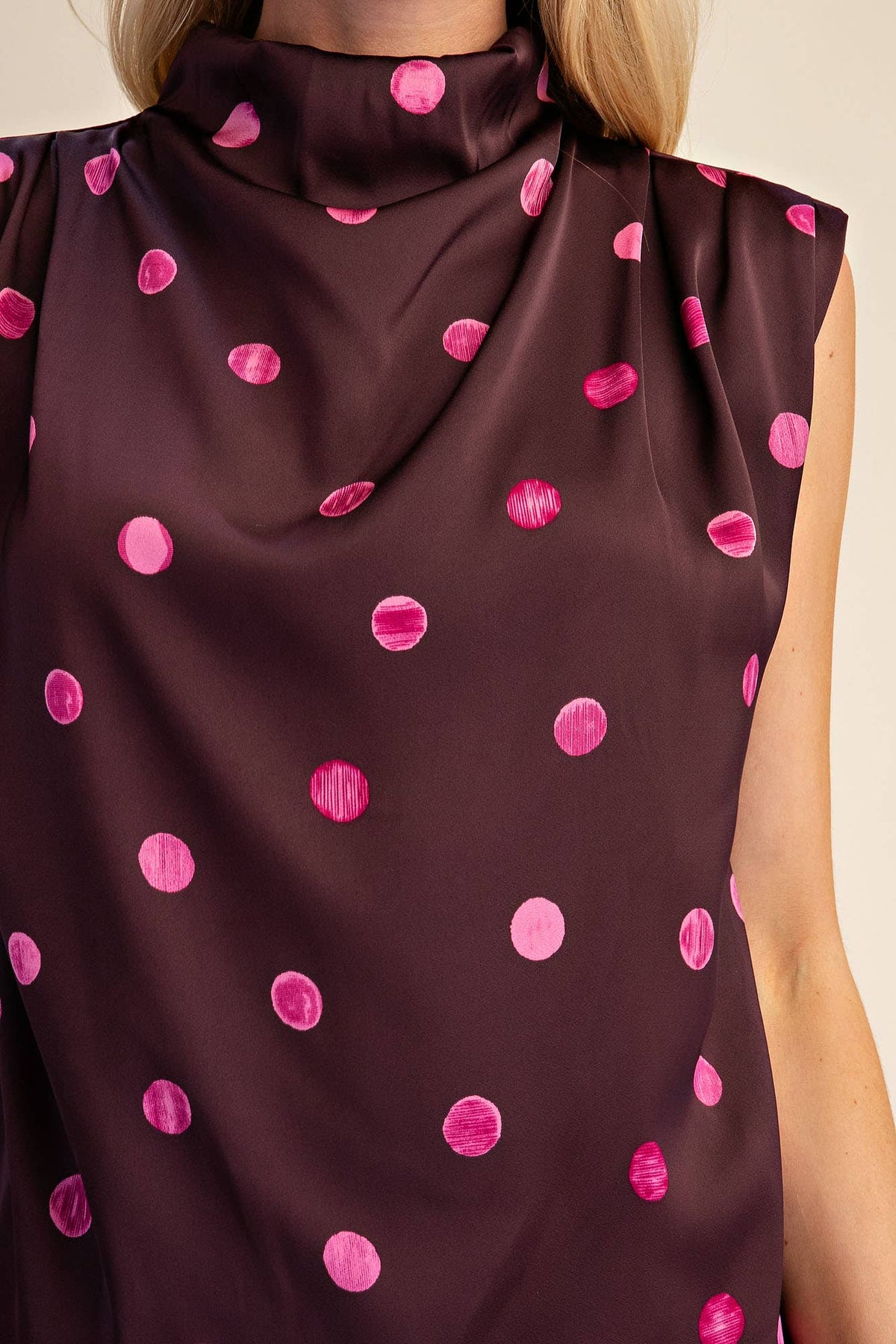 PLUM COWL NECK POLKA DOT TOP