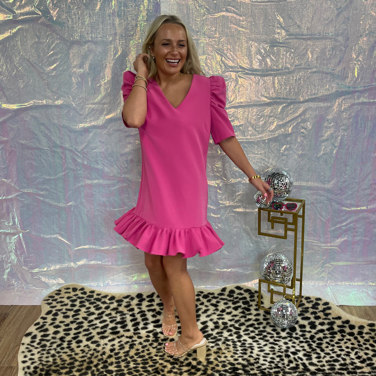 PINK PUFF SLV RUFFLE HEM DRESS