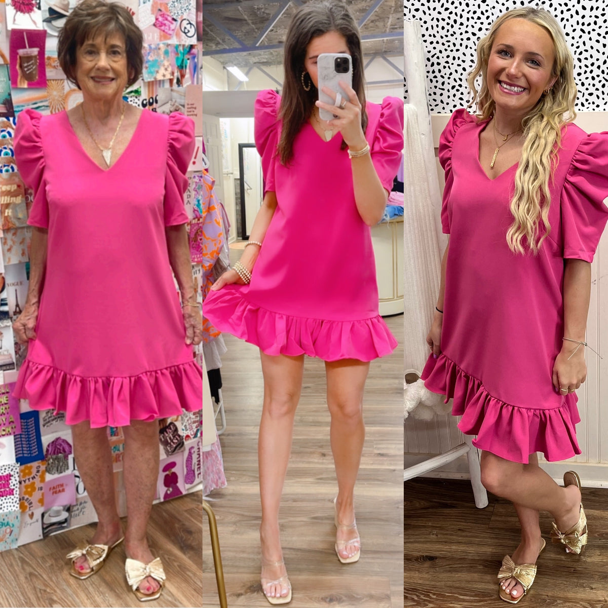 PINK PUFF SLV RUFFLE HEM DRESS