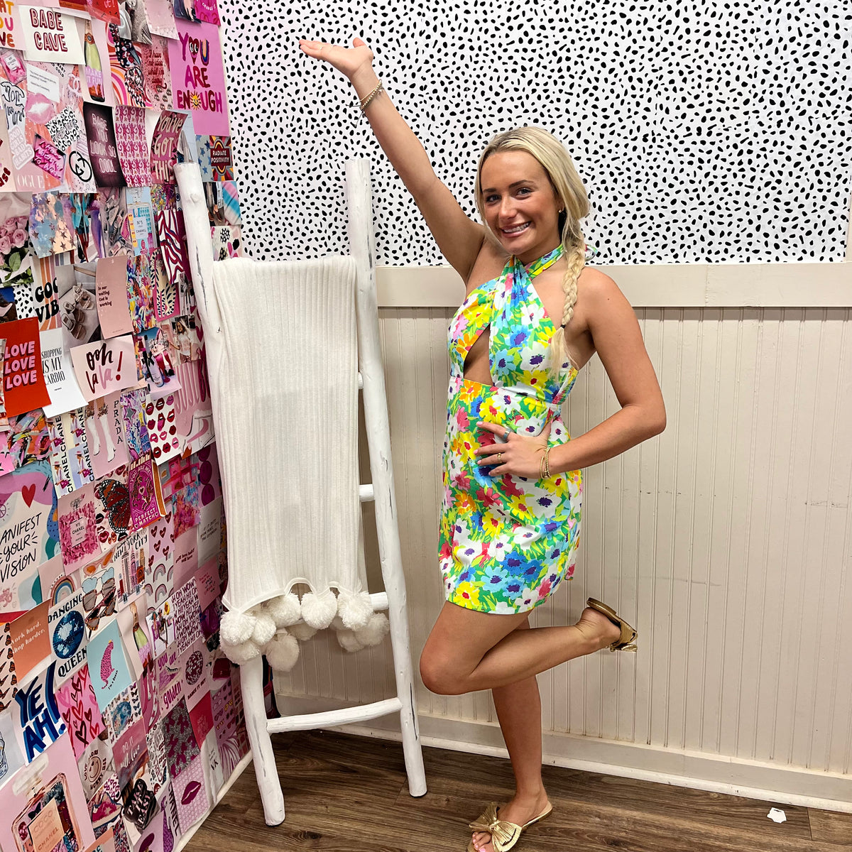 BRIGHT FLORAL HALTER CROSS FRONT DRESS