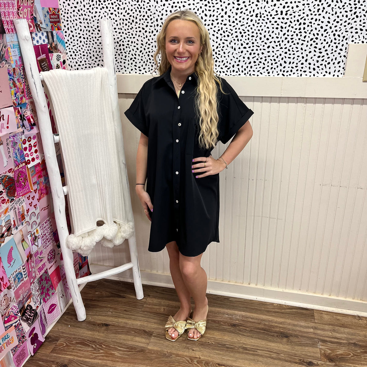 BLACK BUTTON SHORT SLV DRESS