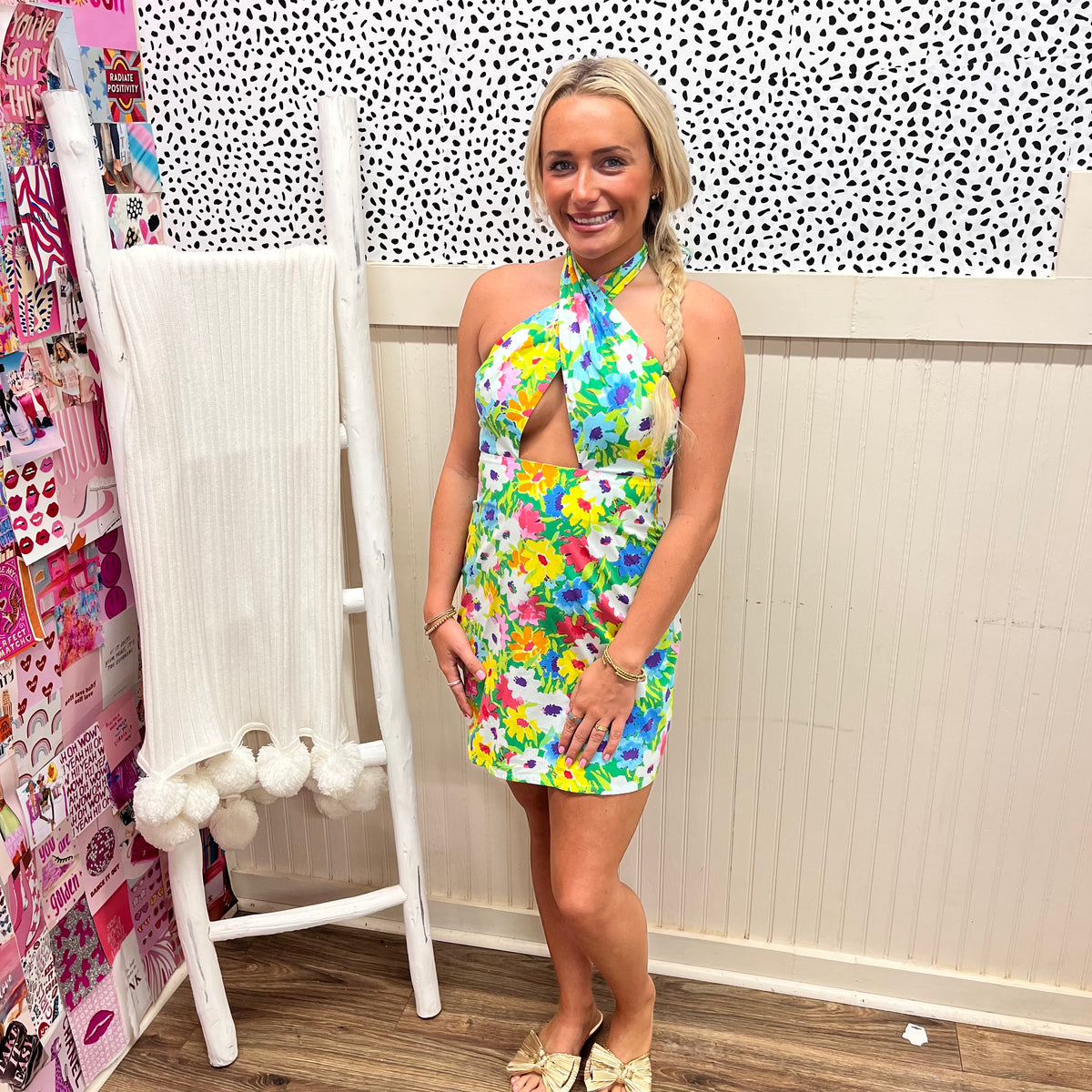 BRIGHT FLORAL HALTER CROSS FRONT DRESS
