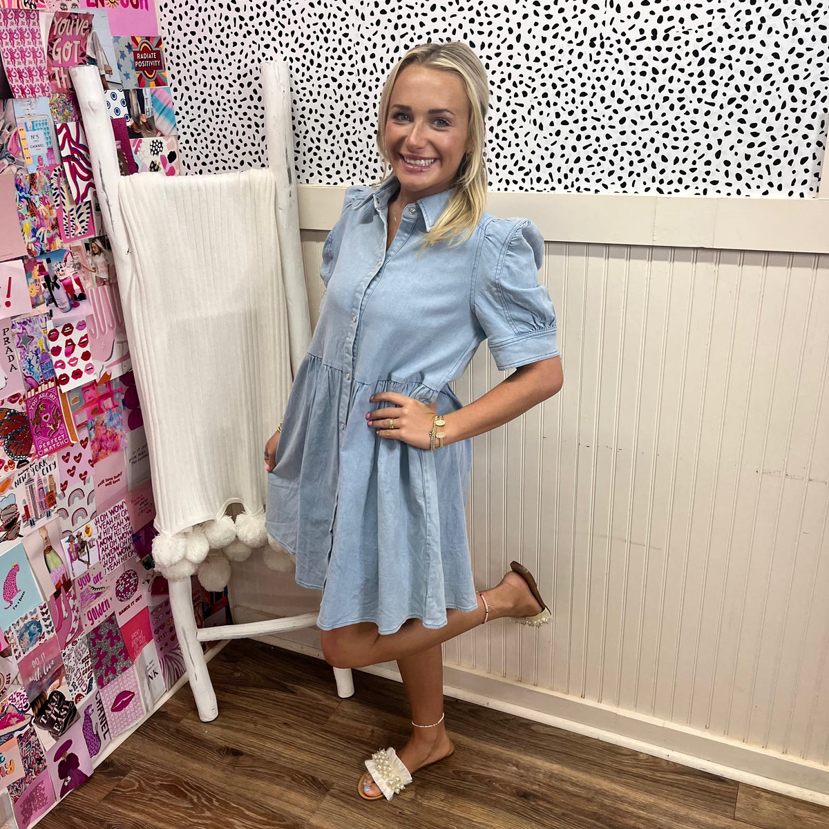 DENIM COLLARED BUBBLE SLV DRESS