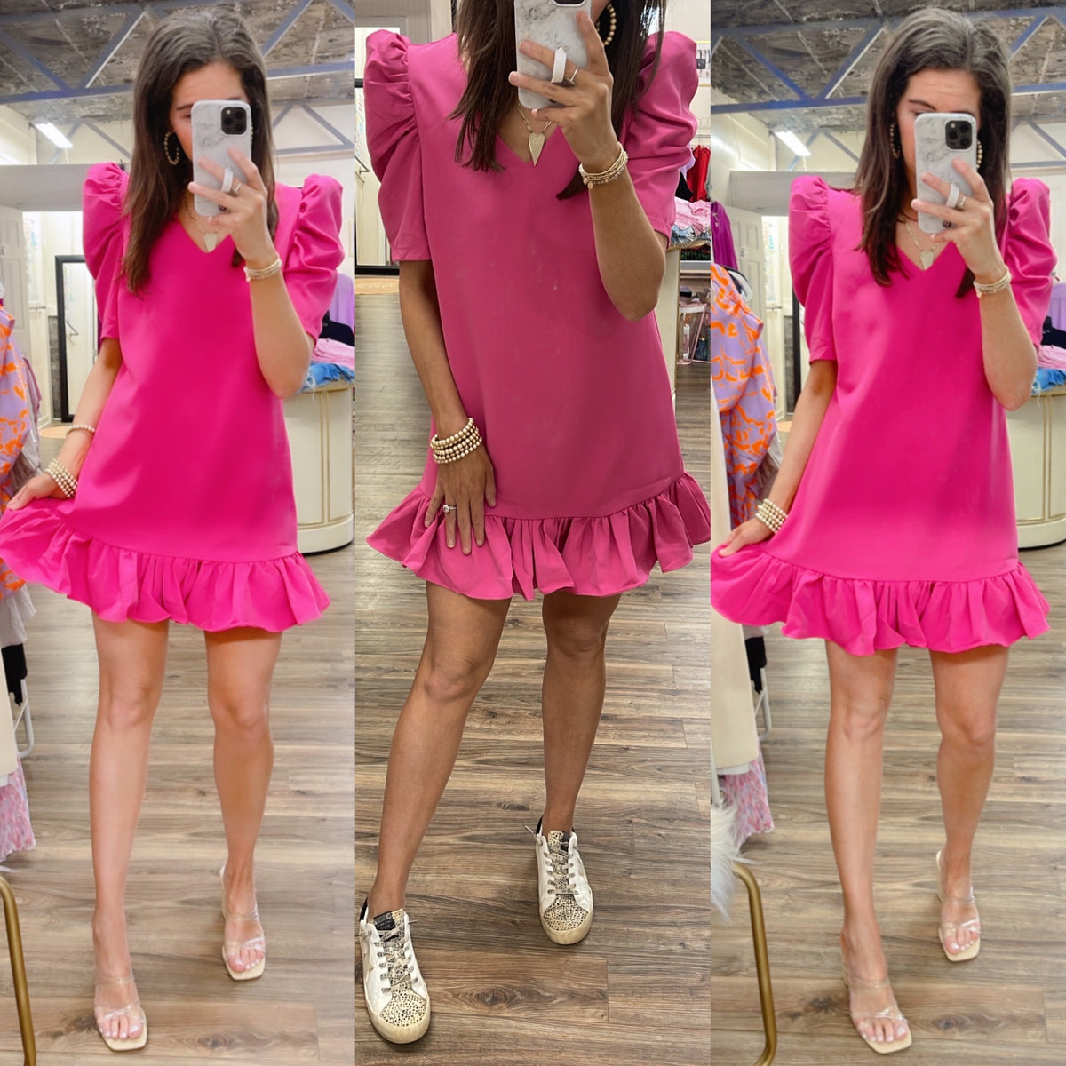 PINK PUFF SLV RUFFLE HEM DRESS