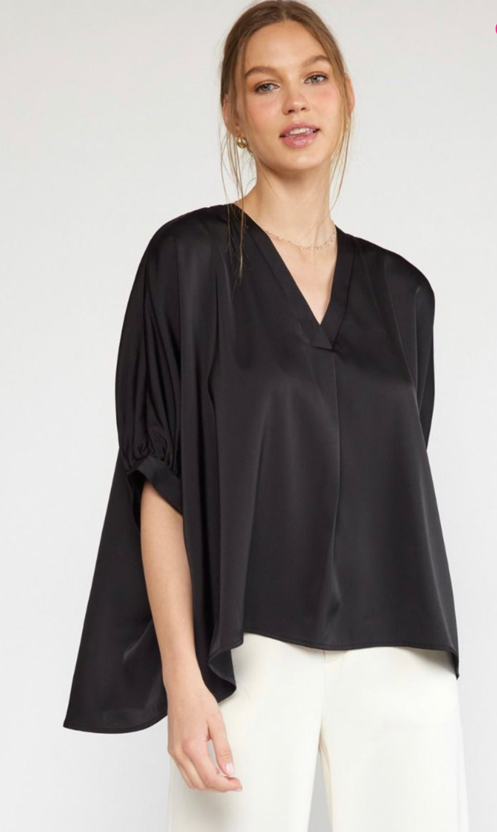 BLACK SATIN VNECK PLACKET TOP