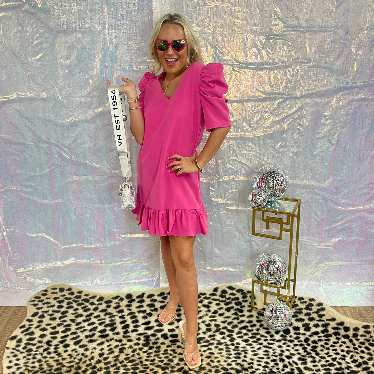 PINK PUFF SLV RUFFLE HEM DRESS