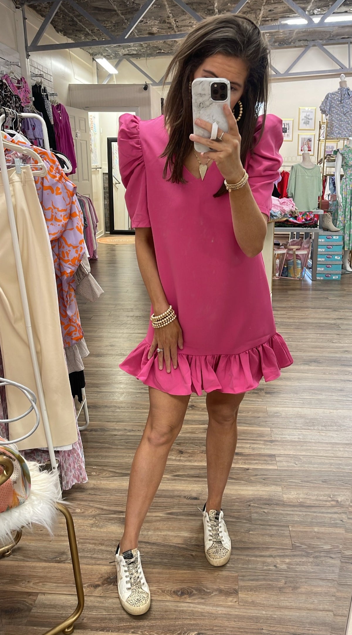 PINK PUFF SLV RUFFLE HEM DRESS