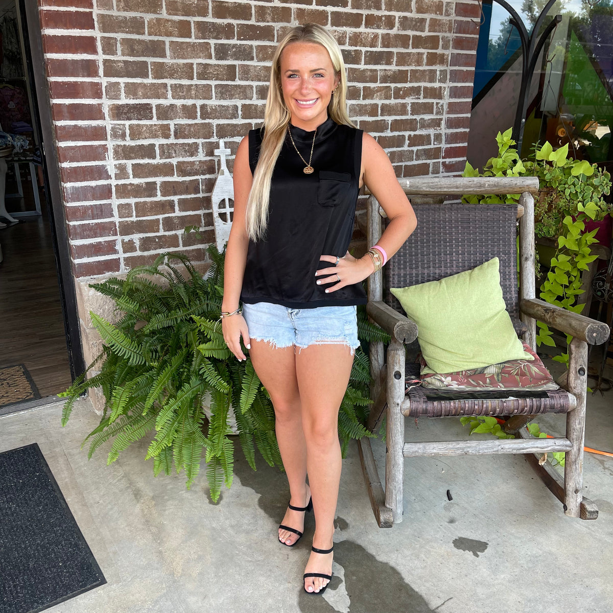 BLACK SATIN RIBBED TRIM TOP