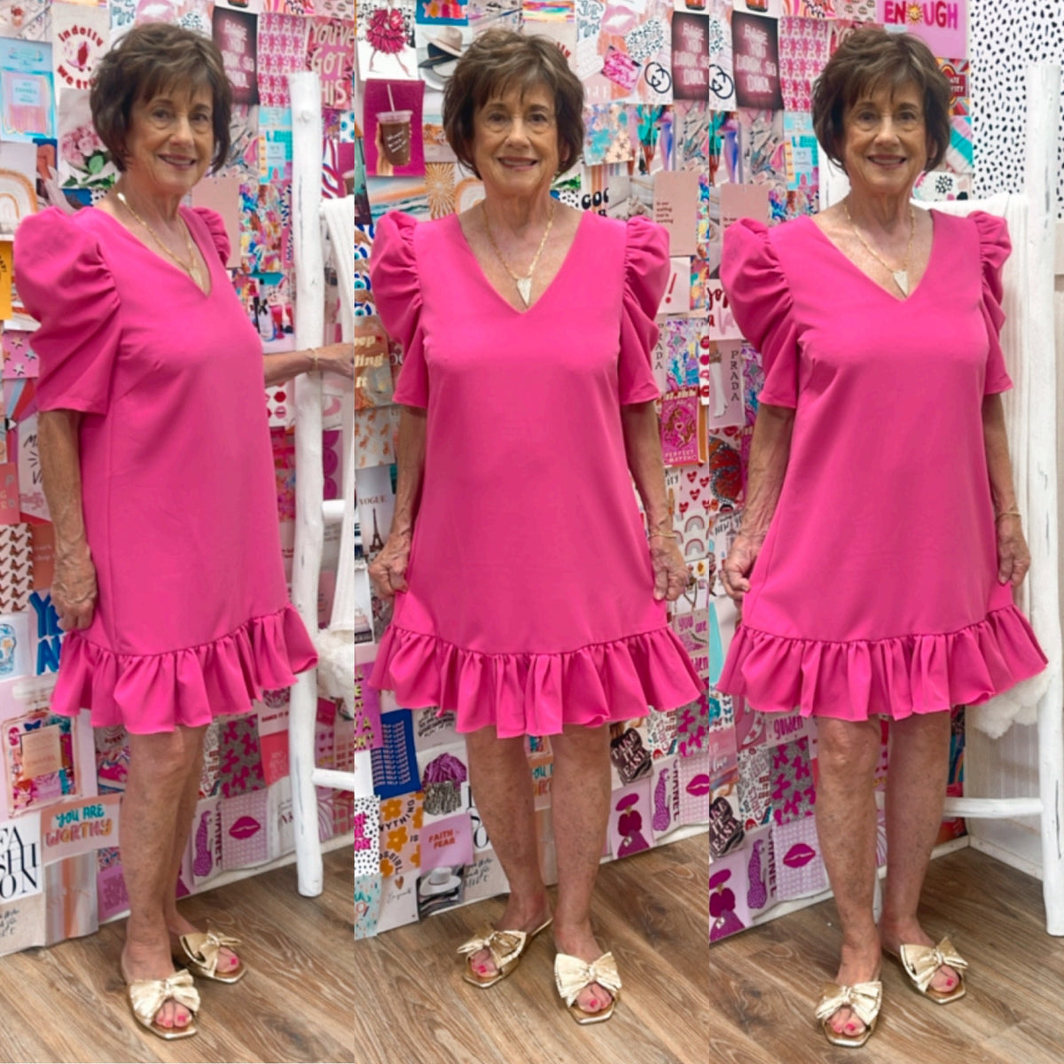 PINK PUFF SLV RUFFLE HEM DRESS