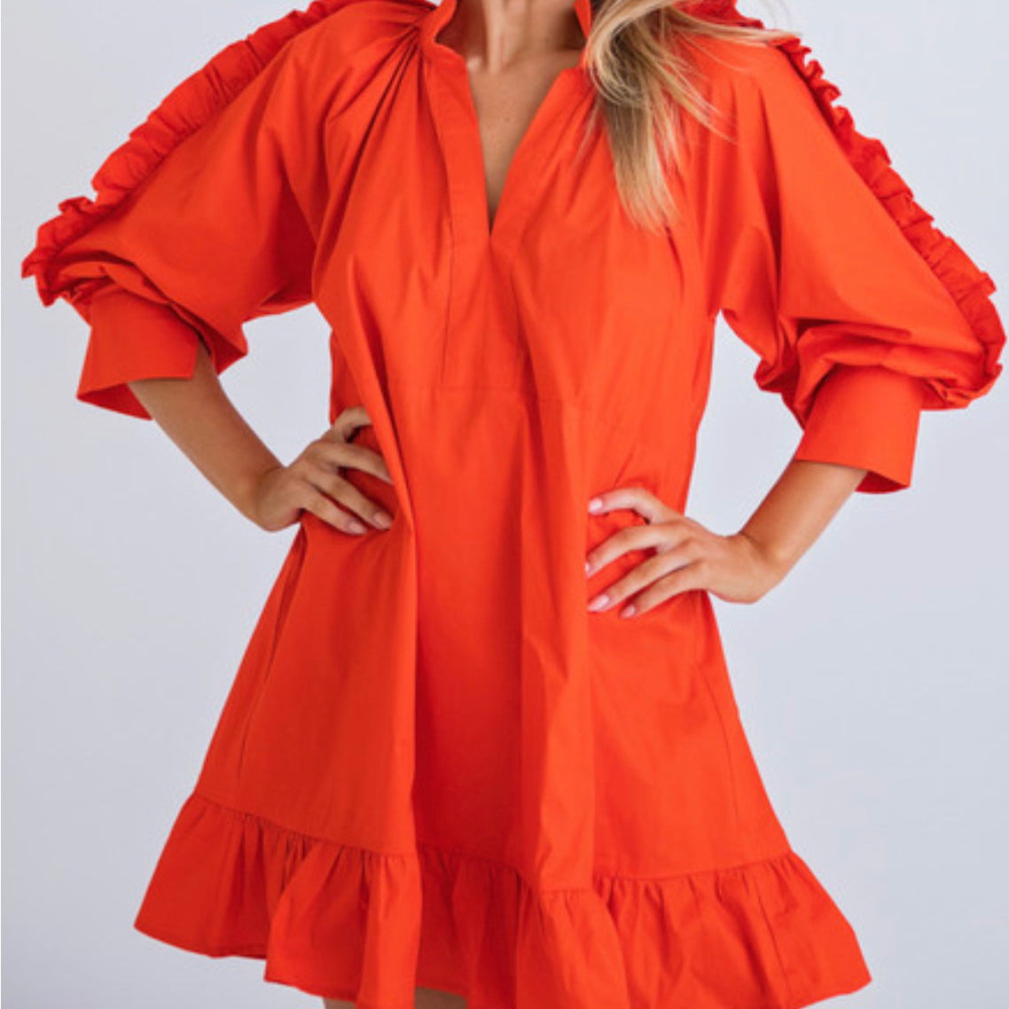 TOMATO RED RUFFLE POPLIN RUFFLE SLV DRESS