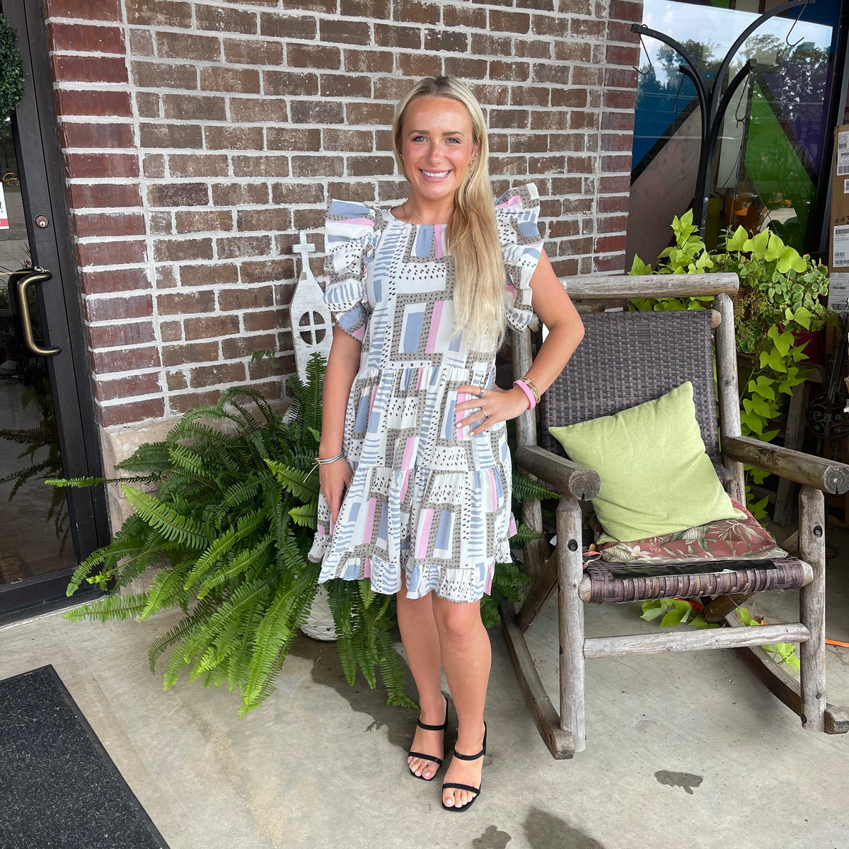 SLATE BLUE PRINTED RUFFLE DRESS