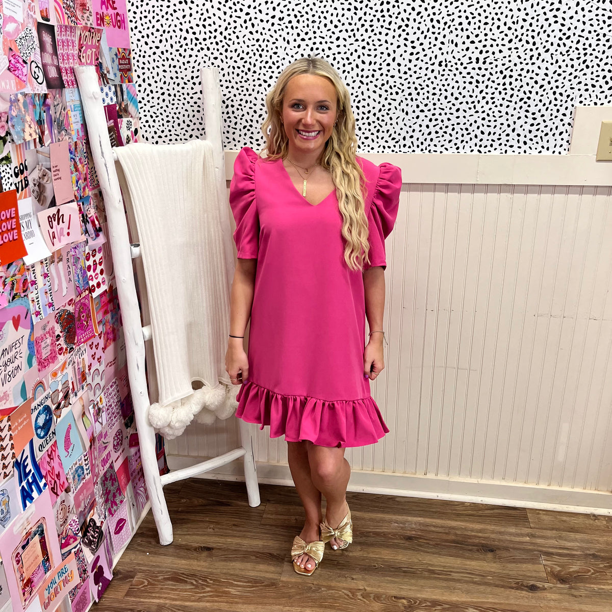 PINK PUFF SLV RUFFLE HEM DRESS