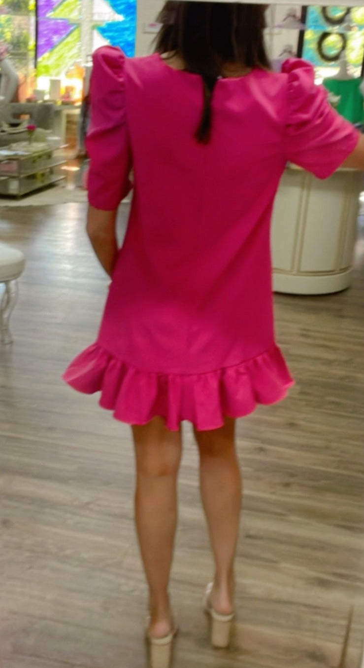 PINK PUFF SLV RUFFLE HEM DRESS