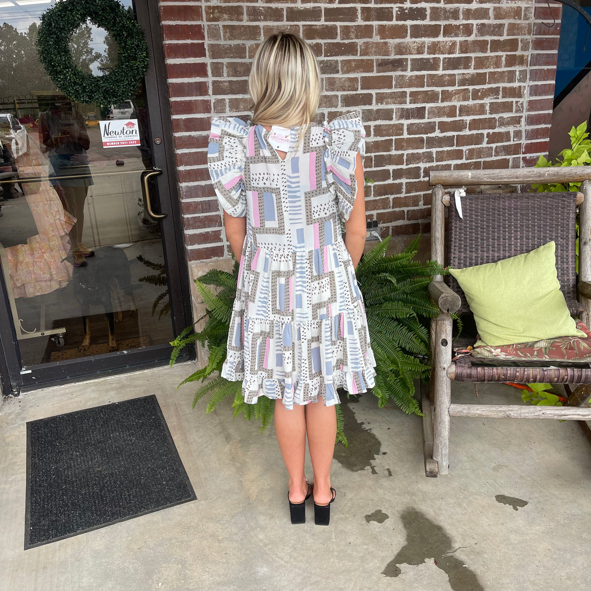 SLATE BLUE PRINTED RUFFLE DRESS