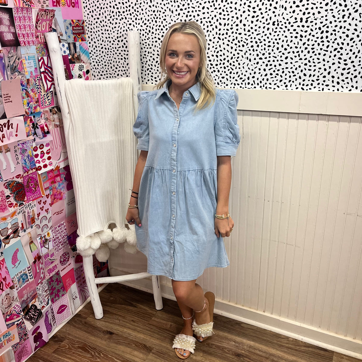 DENIM COLLARED BUBBLE SLV DRESS