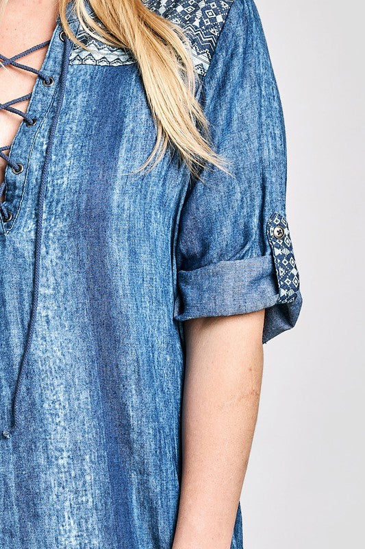 DENIM EMBROIDERED DRESS-FINAL SALE
