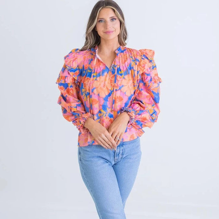 HALEY FLORAL RUFFLE SLV TOP