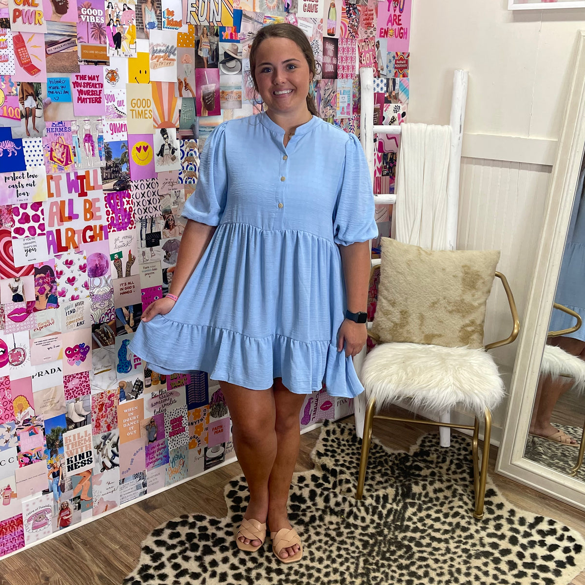 SKY BLUE TIER BUTTON DRESS