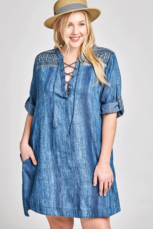 DENIM EMBROIDERED DRESS-FINAL SALE